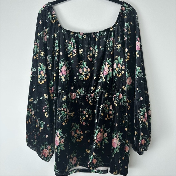 Cato Top Size 18/20w Velvet Black Floral Bishop Sleeve Babydoll Dark Romantic - Picture 2 of 7